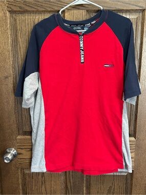 Vintage Tommy Hilfiger Red Short Sleeve Henley with Navy Trim